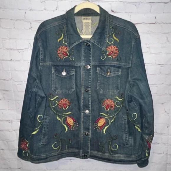 Denim&Co Blue Jean Jacket with Red and Green Embroidery - Picture 1 of 1
